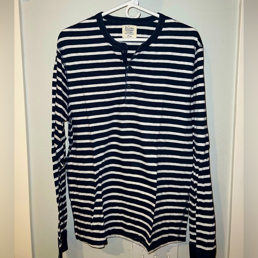 J. Crew Men’s Navy and White Striped Long Sleeve Henley